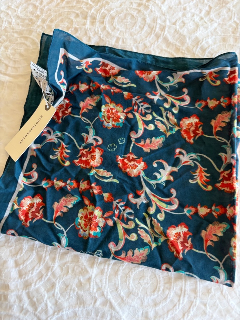 Anthropologie Navy Floral cotton Scarf with Coral Accents
